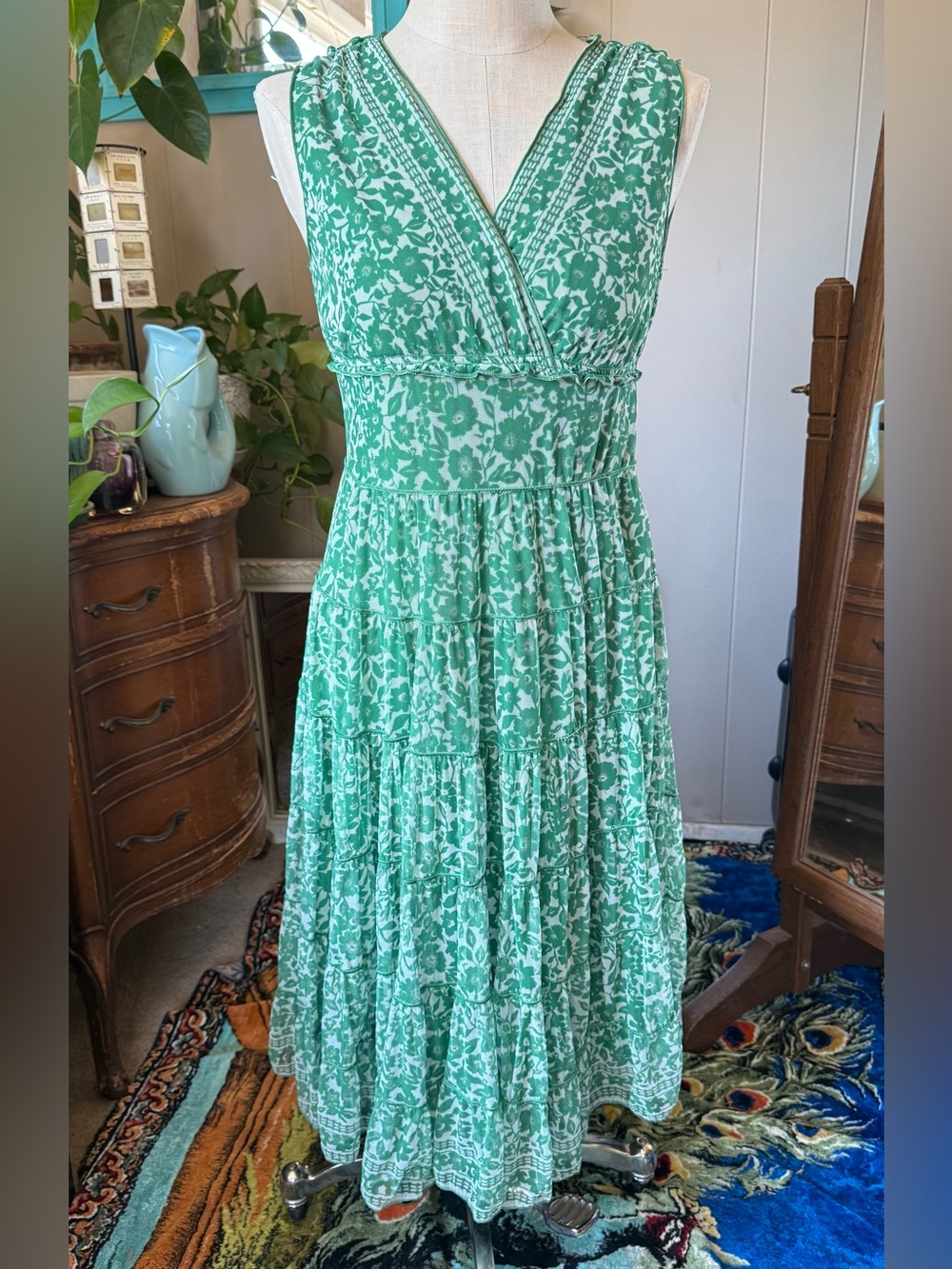 Green Floral Tiered Sleeveless Midi Dress, small